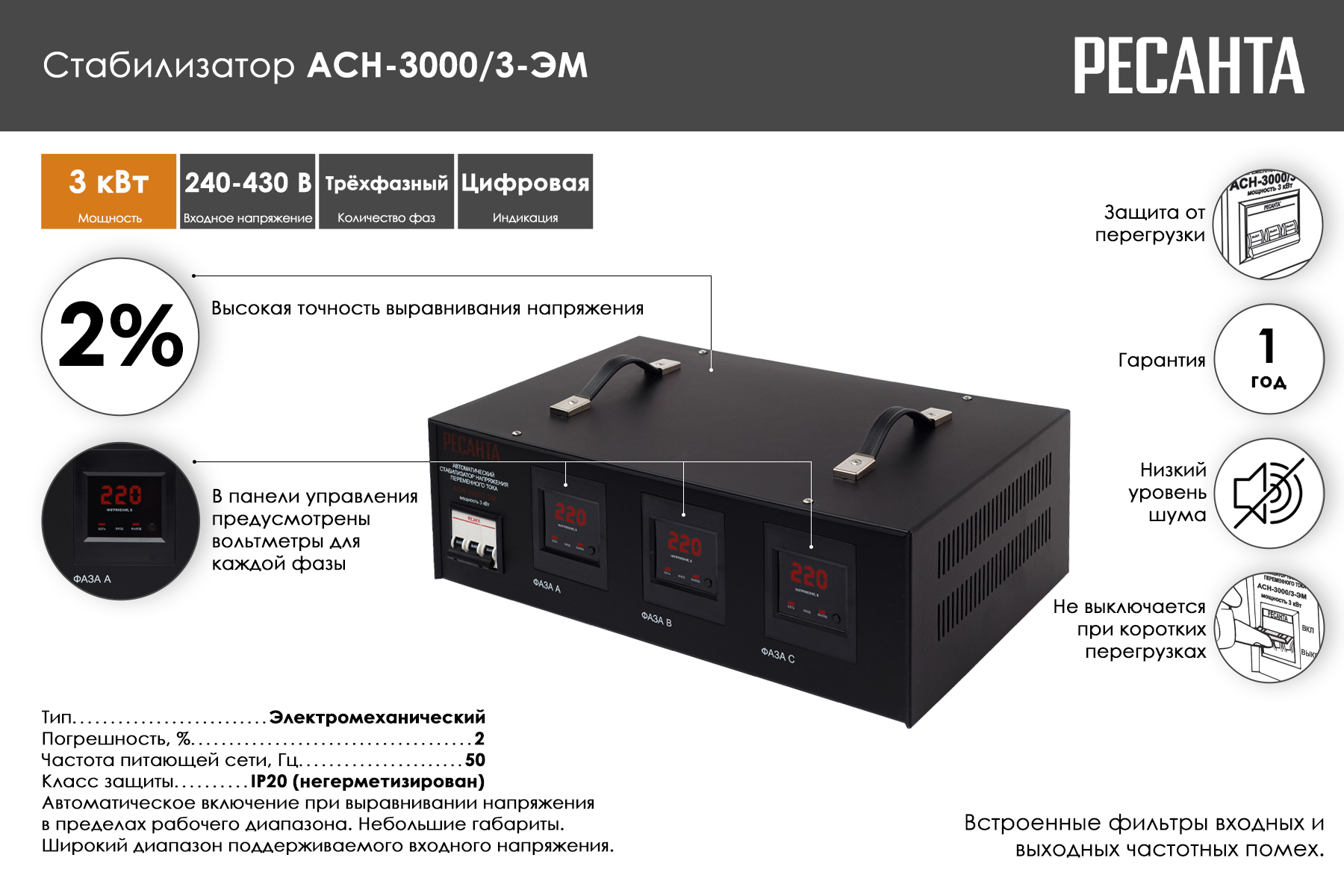 Стабилизатор напряжения РЕСАНТА АСН-3000/3-ЭМ 63/4/1